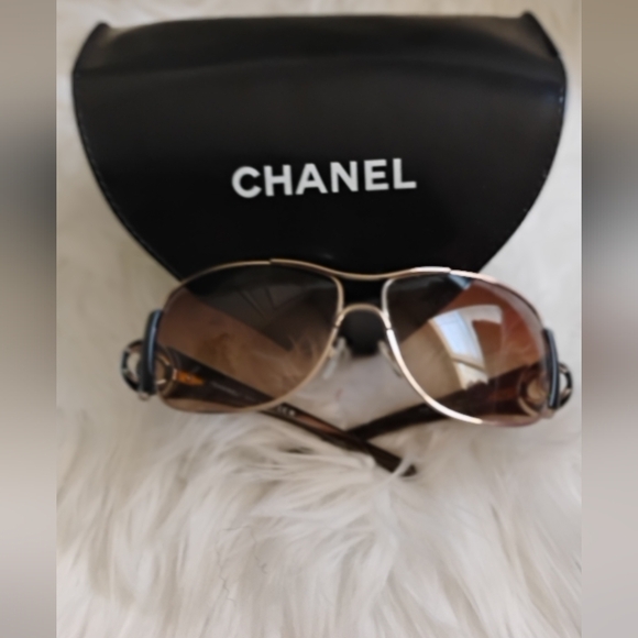 CHANEL Gold and Brown Aviator Sunglasses - Picture 1 of 9